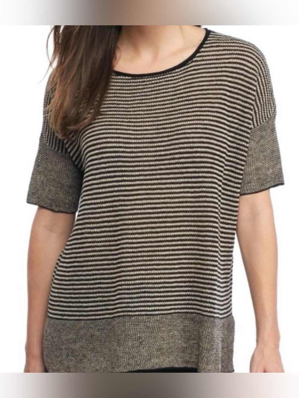 EILEEN FISHER Mixed Stitch 100% Organic Linen Striped Black White Tunic Top XL